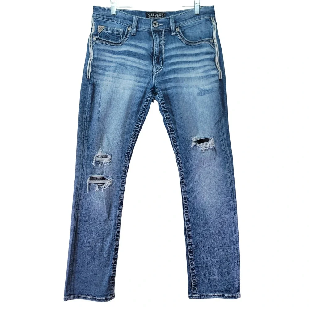 Salvage‎ Supply Co Jeans Mens 34x30 Blue Havoc Straight Slim Fit Distressed
